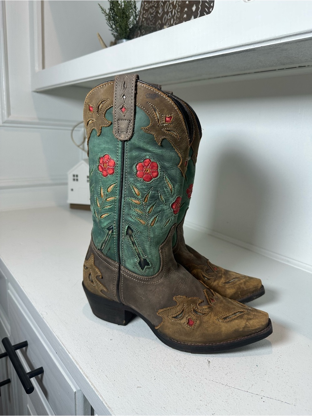 Laredo Women’s Cowboy Boots Size 6.5M Turquoise Teal & Brown Floral Embroidered - Picture 5 of 9